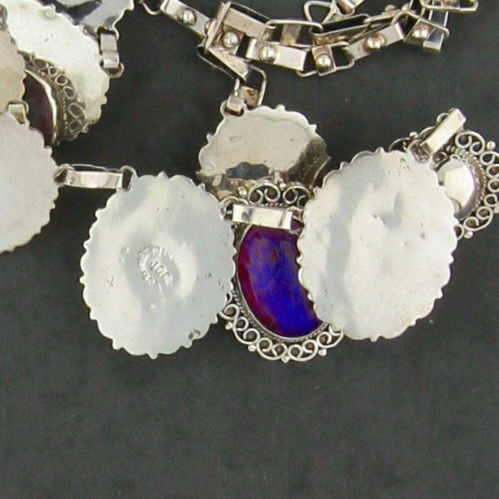 mexico sterling silver vintage dragons breath cabochon link necklace size 17.5in - Picture 3 of 3